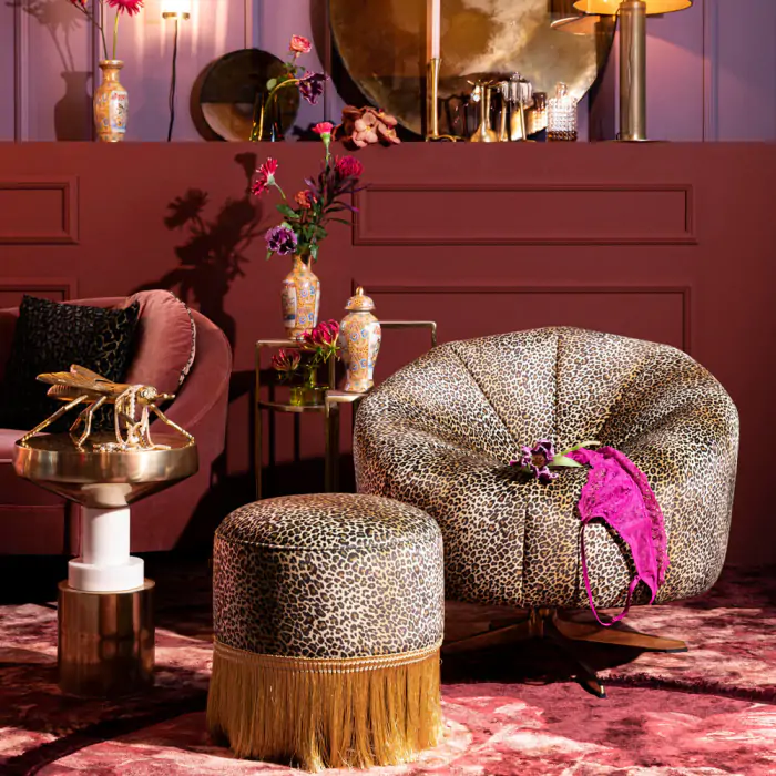 Pink fringe shop ottoman