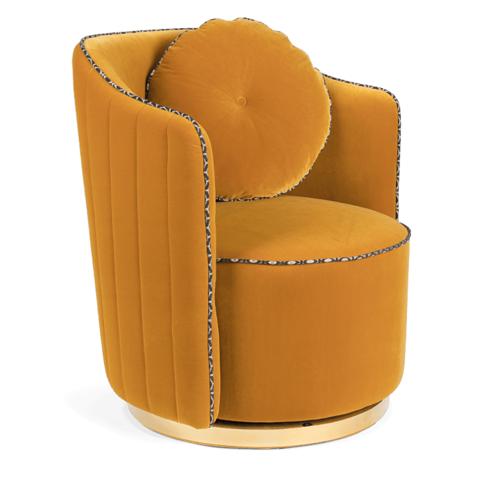 Bold Monkey sassy granny ronde loungestoel fauteuil oker geel velvet gouden onderstel zijaanzicht 