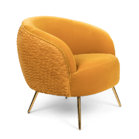 Bold Monkey So Curvy lounge chair velvet ochre yellow upholstery golden legs side view 