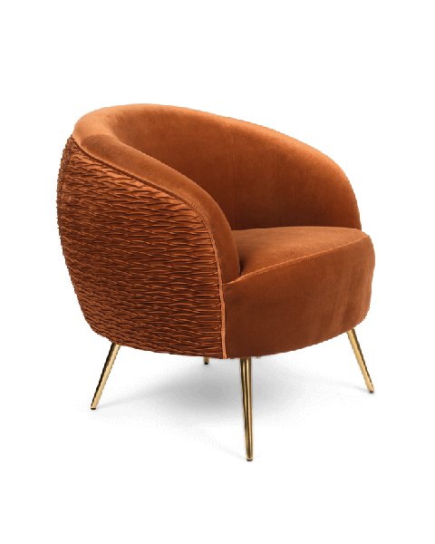 Bold Monkey So Curvy lounge chair orange velvet upholstery golden legs side view 